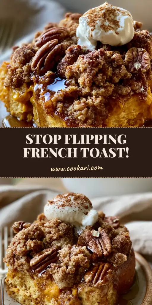 Pumpkin French Toast Casserole with Pecan Streusel and Maple Drizzle 4 A close-up of Pumpkin French Toast Casserole with thick brioche cubes, vibrant orange custard, and a craggy pecan streusel topping.