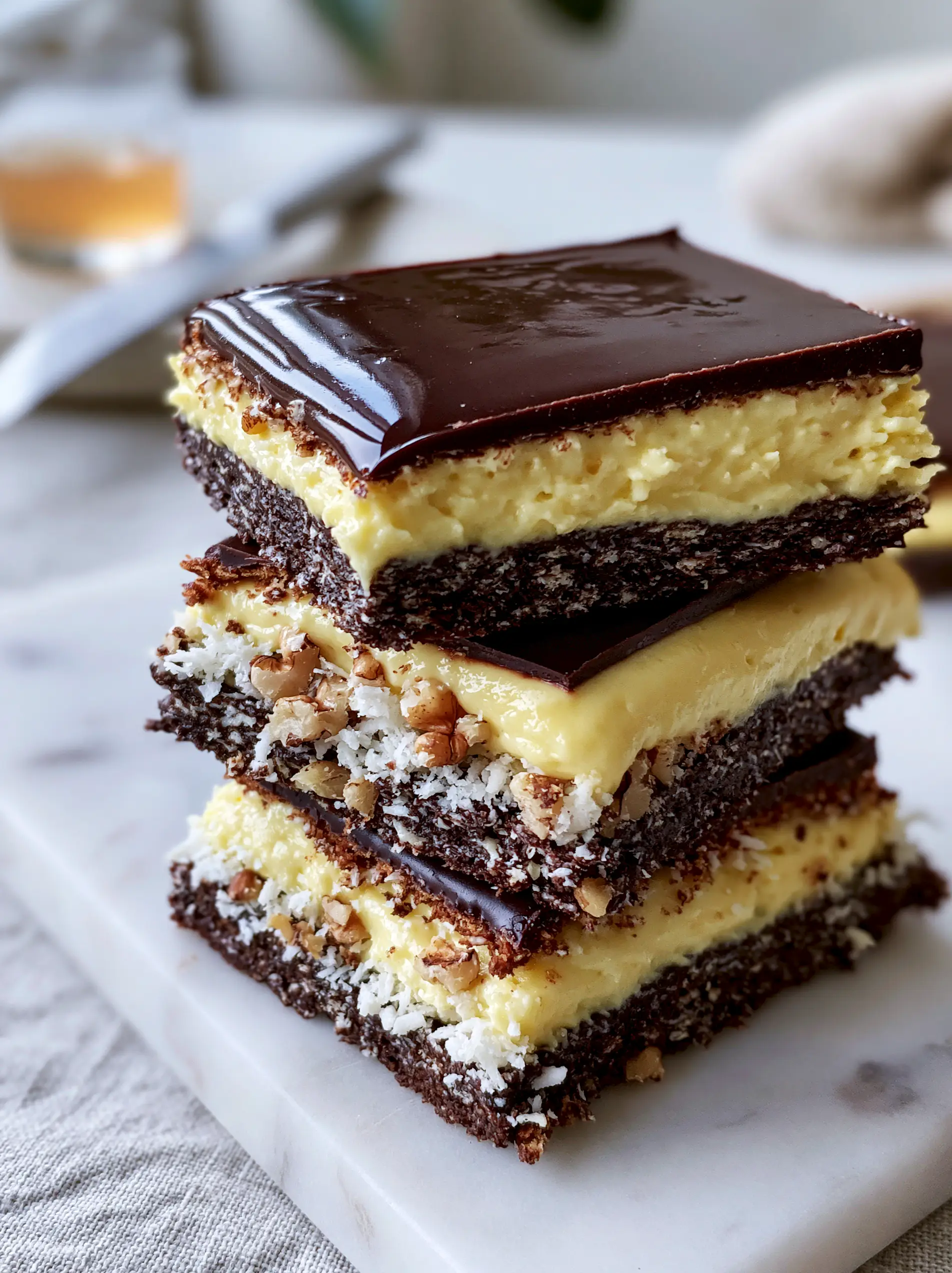 Nanaimo Bars Recipe: The Ultimate Guide to Perfect Triple-Layer Squares 3 High-angle photo of Nanaimo bars on a white marble slab showing the gritty base and silky custard. (Nanaimo bars recipe)