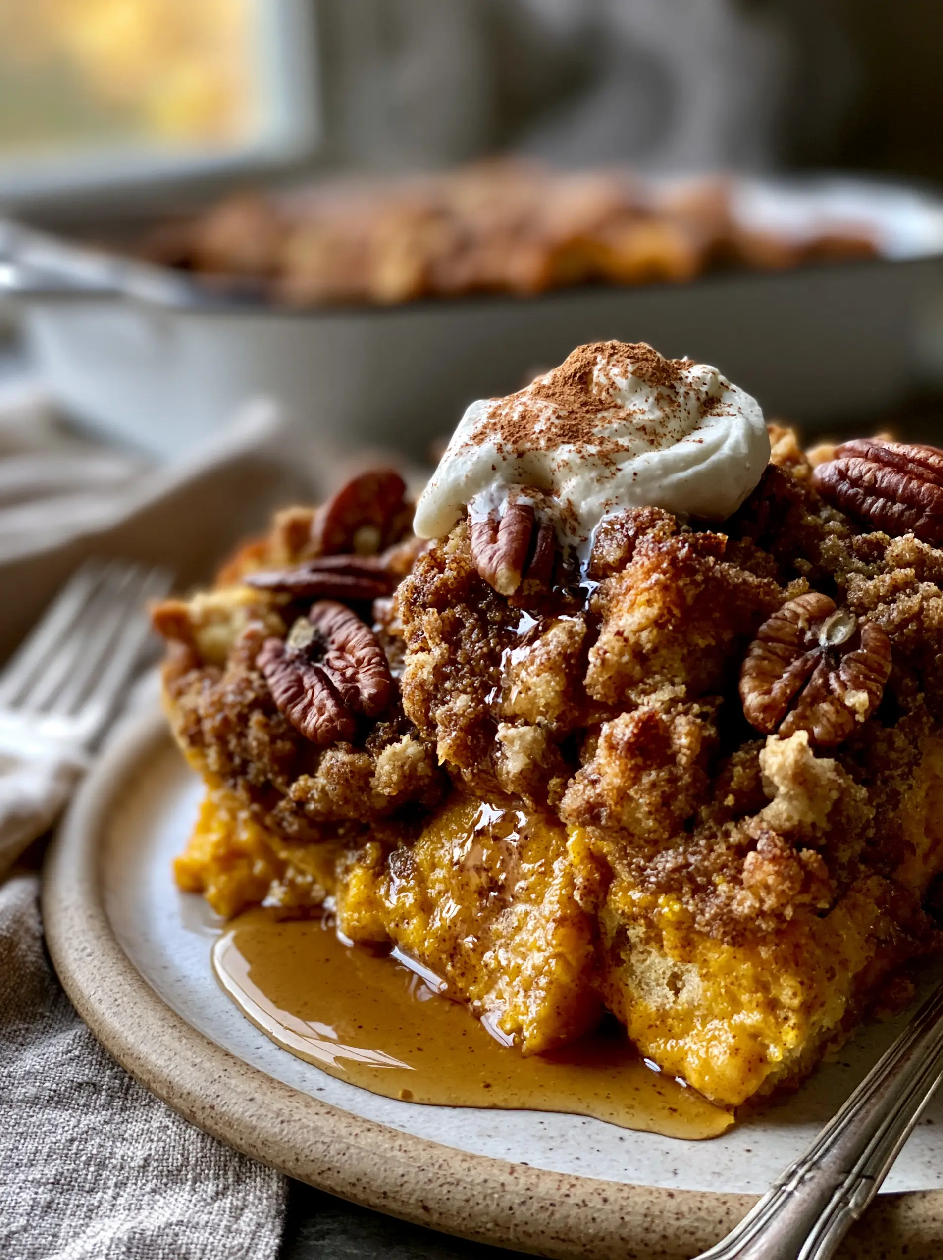 Pumpkin French Toast Casserole with Pecan Streusel and Maple Drizzle 3 A top-down photo of a slice of Pumpkin French Toast Casserole on a rustic plate, featuring visible pecan halves and melting whipped cream.