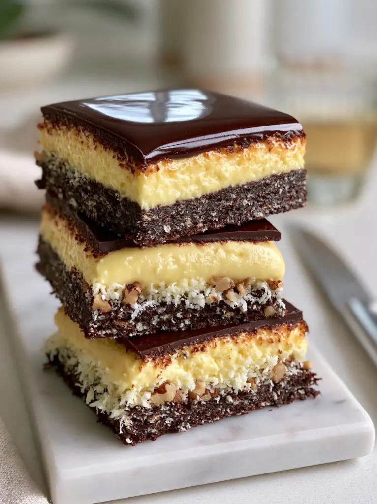 Nanaimo Bars Recipe: The Ultimate Guide to Perfect Triple-Layer Squares 1 Close up of the glossy chocolate ganache topping on a Nanaimo bar with a blurred silver knife in the background. (Nanaimo bars recipe)