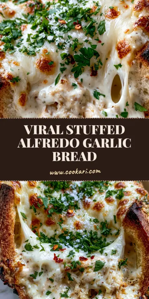 Chicken Alfredo Garlic Bread: The Ultimate Decadent Stuffed Loaf 4 A massive, stretchy mozzarella cheese pull from a thick slice of Chicken Alfredo Garlic Bread with bubbling golden-brown spots.