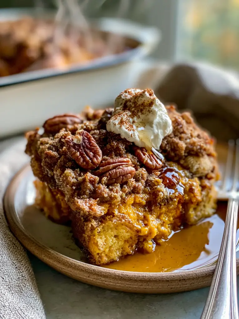 Pumpkin French Toast Casserole with Pecan Streusel and Maple Drizzle 1 Pumpkin French Toast Casserole in a white enamel baking dish with steam rising and maple syrup pooling in the crevices.