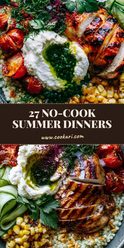 Summer Dinners: The Vibrant Mediterranean Grilled Chicken Harvest Bowl with Whipped Feta 4 A top-down macro view of a Mediterranean harvest bowl with grilled chicken, whipped feta, and charred vegetables. (Summer Dinners)