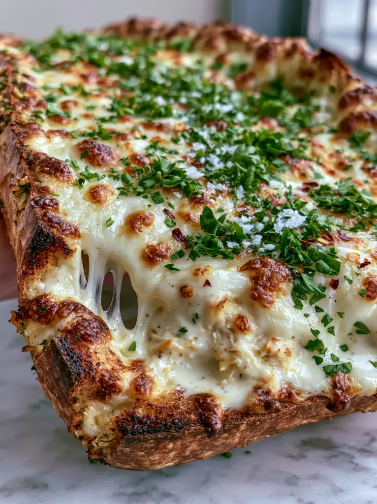 Chicken Alfredo Garlic Bread: The Ultimate Decadent Stuffed Loaf 2 Close-up of a golden-brown toasted French bread boat filled with creamy Chicken Alfredo and melted mozzarella.