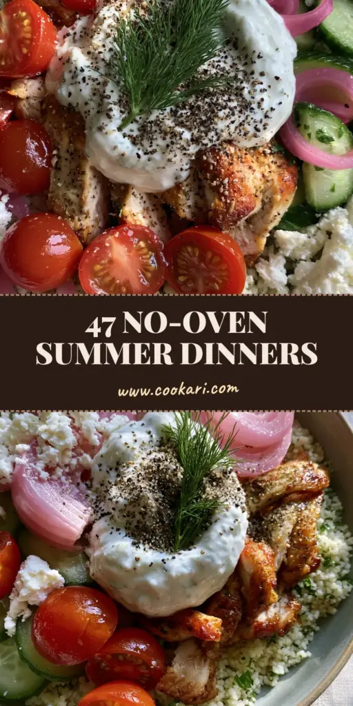 Quick Cheap Summer Meals: Mediterranean Lemon Chicken Couscous Bowls 4 A top-down Pinterest Pin showing a vibrant Mediterranean chicken and couscous bowl with tzatziki. (quick cheap summer meals)