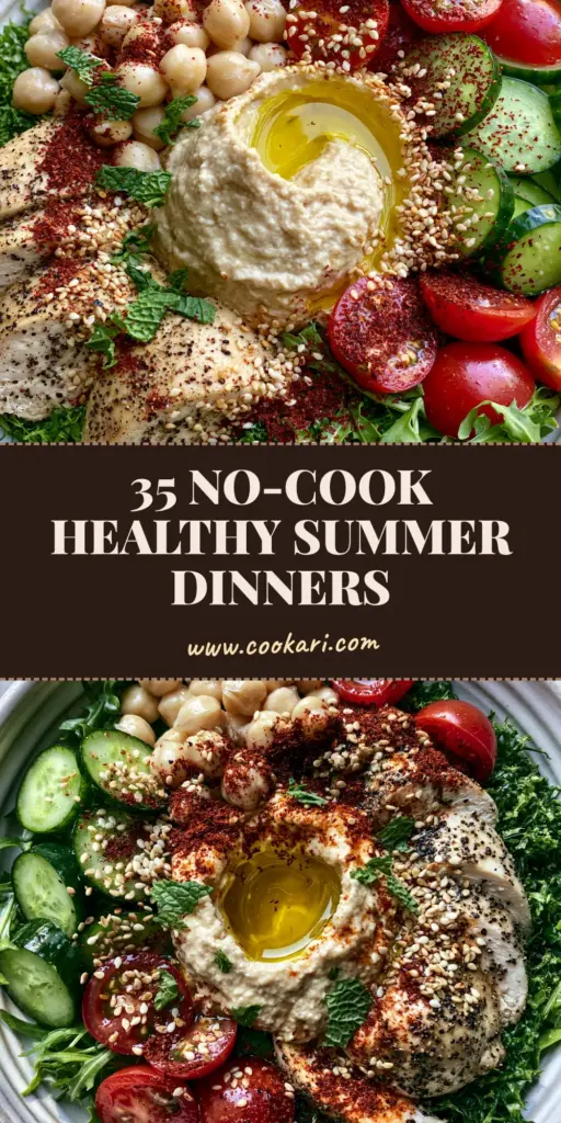 Healthy Summer Dinners: The Ultimate Chilled Mediterranean Power Bowl 3 A high-angle Pinterest pin showing a chilled Mediterranean power bowl with lemon-herb chicken, chickpeas, and hummus. (healthy summer dinners)