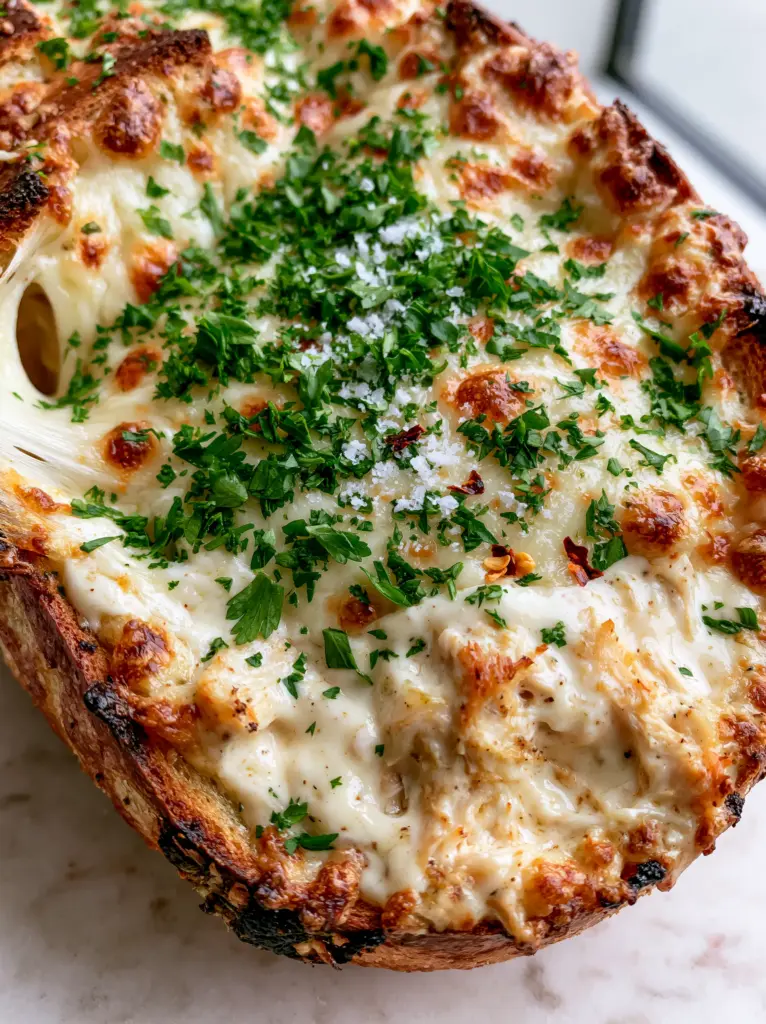 Chicken Alfredo Garlic Bread: The Ultimate Decadent Stuffed Loaf 1 Extreme close-up of bubbling mozzarella cheese with charred garlic edges and fresh parsley garnish on garlic bread.