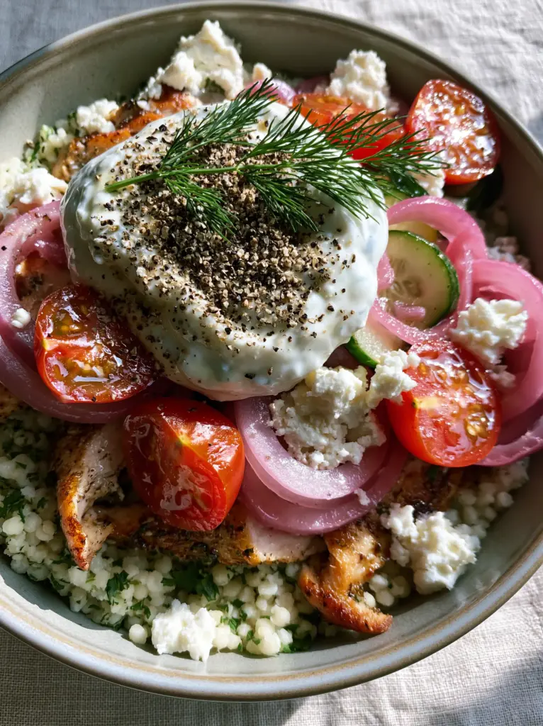 Quick Cheap Summer Meals: Mediterranean Lemon Chicken Couscous Bowls 2 Handheld smartphone photo of a Mediterranean summer bowl with pan-seared chicken and fluffy couscous. (quick cheap summer meals)