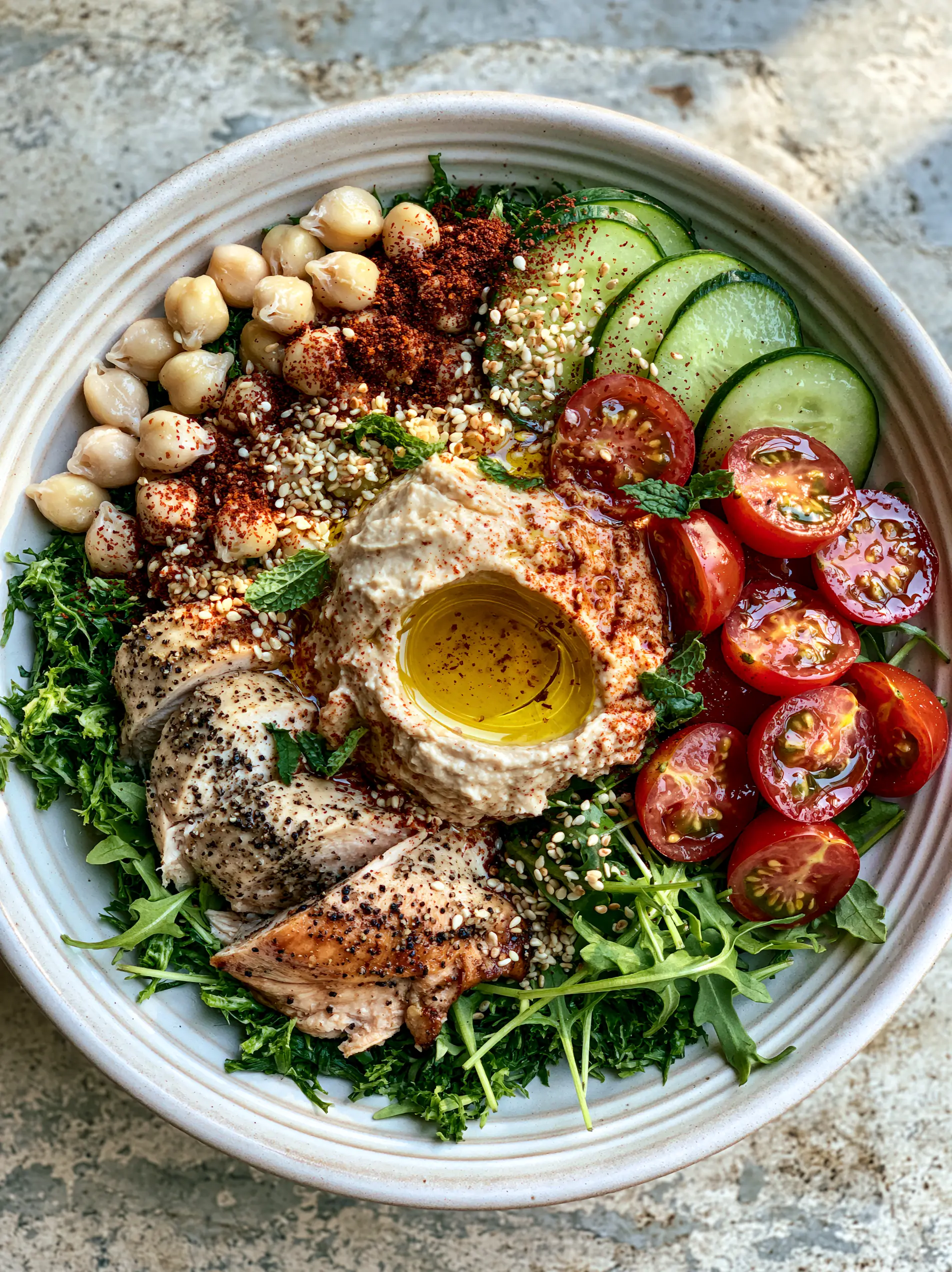 Healthy Summer Dinners: The Ultimate Chilled Mediterranean Power Bowl 4 A vibrant chilled Mediterranean power bowl featuring emerald kale, sliced rotisserie chicken, and a hummus well with olive oil. (healthy summer dinners)