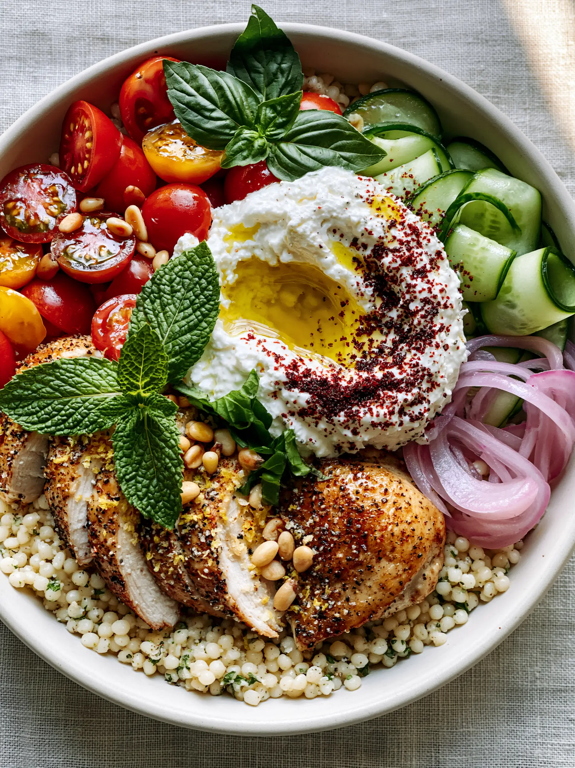 Easy Summer Dinners: Mediterranean Lemon Chicken Bowls with Whipped Feta 3 Close-up of golden seared lemon chicken on a bed of pearl couscous. (Easy summer dinners)