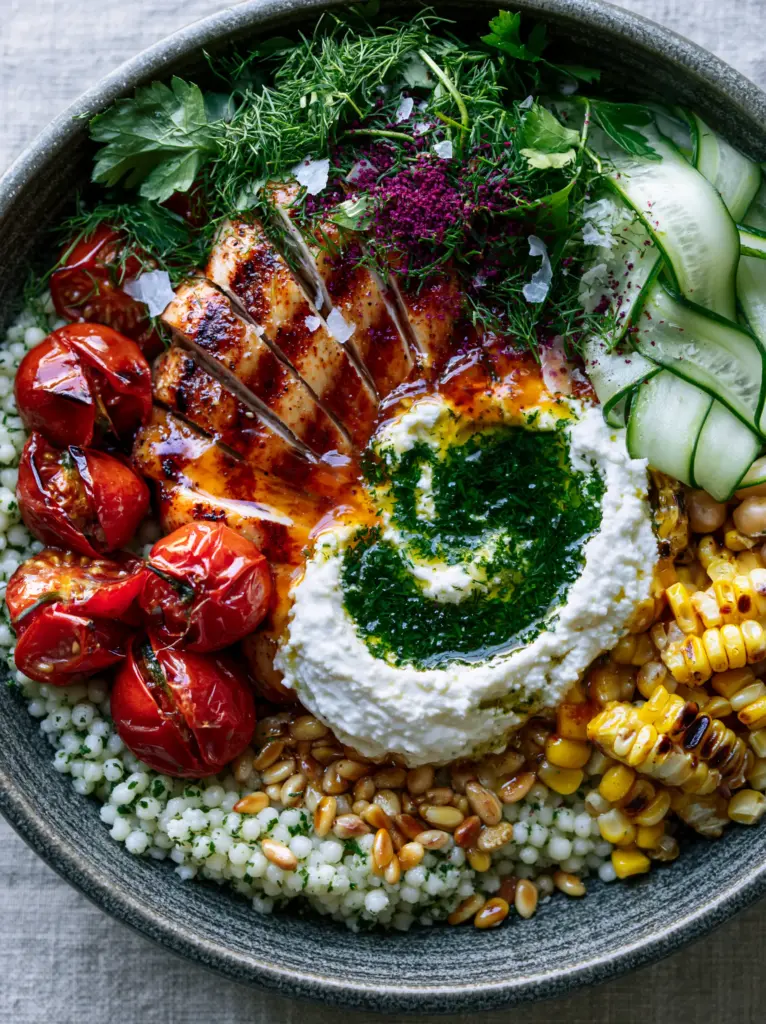 Summer Dinners: The Vibrant Mediterranean Grilled Chicken Harvest Bowl with Whipped Feta 1 Detailed view of whipped feta dollop with herb oil drizzle and blistered cherry tomatoes. (Summer Dinners)