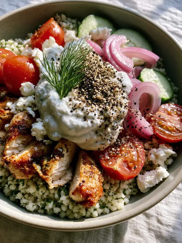 Quick Cheap Summer Meals: Mediterranean Lemon Chicken Couscous Bowls 1 Close up shot of golden brown lemon chicken and glistening cherry tomatoes in a Mediterranean bowl.