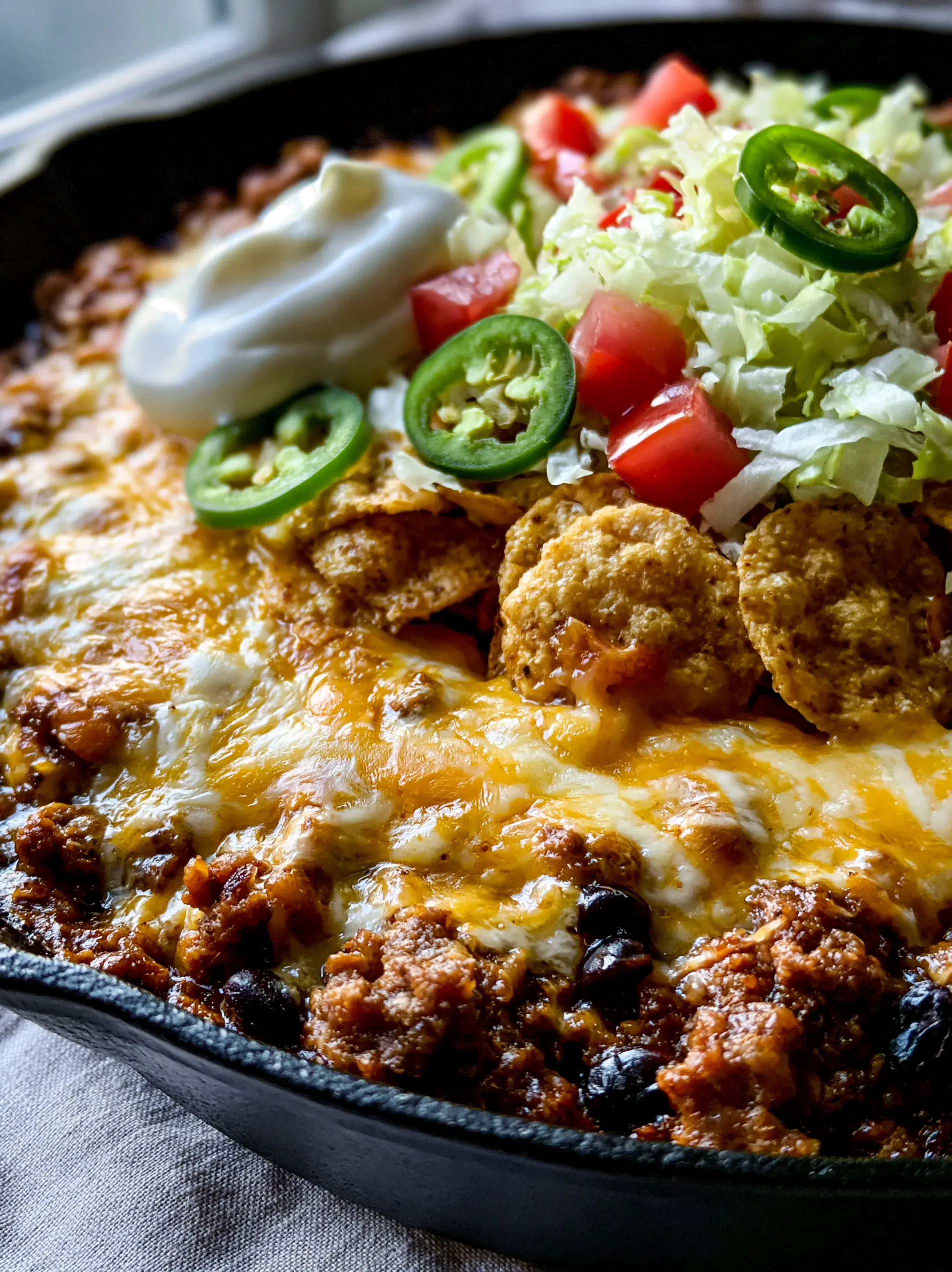 Walking Taco Casserole: The Ultimate Cheesy Skillet Dinner 3 Smartphone photo of Walking Taco Casserole showing layers of beef, black beans, and melted cheese with fresh lettuce and tomatoes.