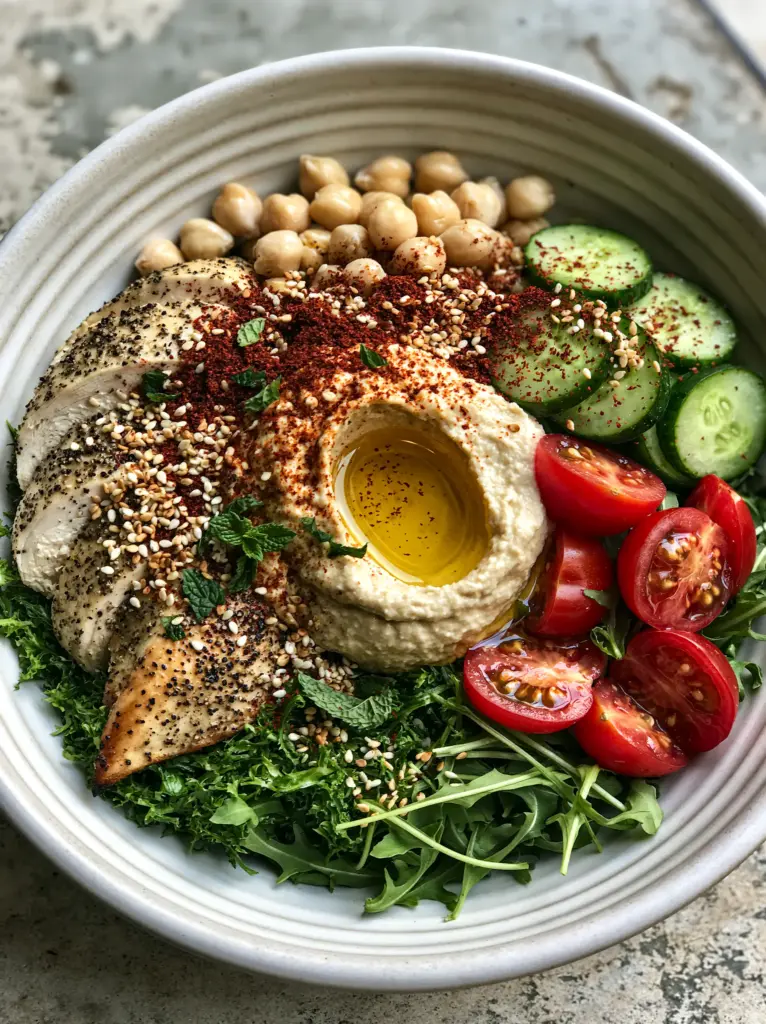 Healthy Summer Dinners: The Ultimate Chilled Mediterranean Power Bowl 1 Close up of a Mediterranean bowl showing the detail of sumac dusting and fresh mint on healthy summer dinners.