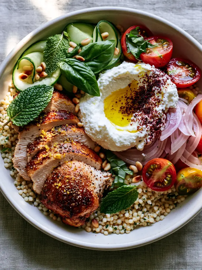 Easy Summer Dinners: Mediterranean Lemon Chicken Bowls with Whipped Feta 1 Top-down view of a Mediterranean bowl featuring cucumber ribbons, heirloom tomatoes, and whipped feta.