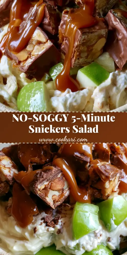 Snickers Caramel Apple Salad with Whipped Cream Cheese and Salted Caramel 4 A gourmet Snickers caramel apple salad in a rustic ceramic bowl with large candy chunks and caramel drizzle. (Snickers caramel apple salad)