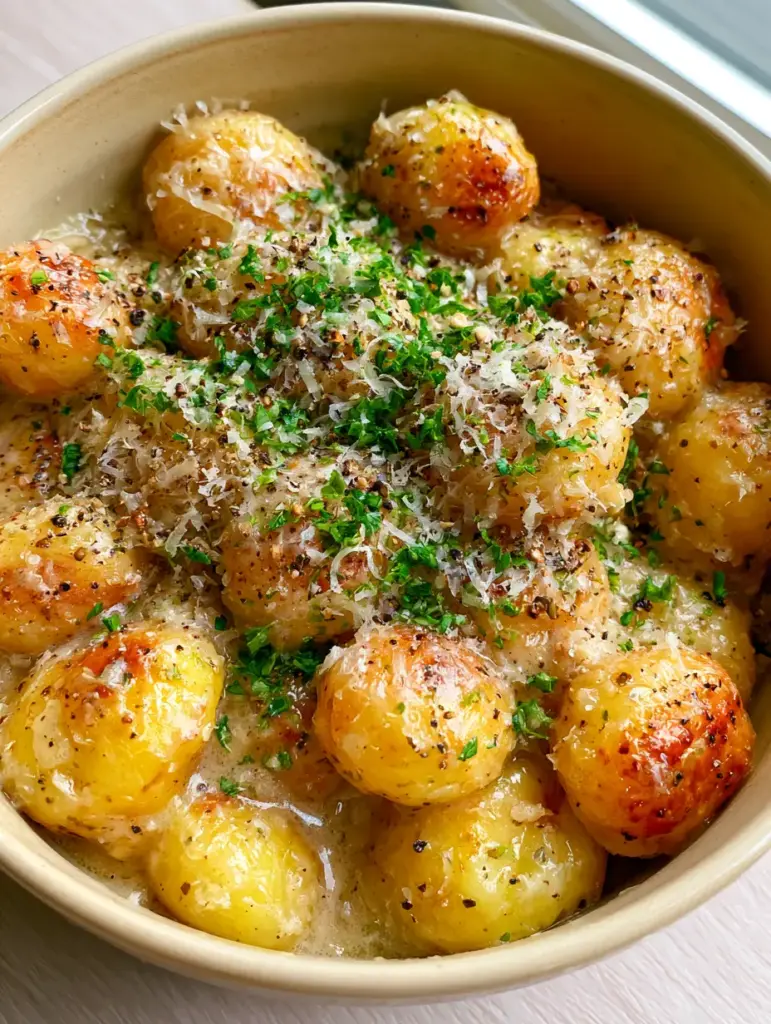 Close up of halved baby gold potatoes in a slow cooker, heavily garnished with shredded parmesan and cracked pepper. (slow cooker potatoes)