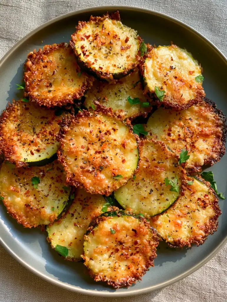 Close-up texture of bubbling toasted parmesan cheese on oven roasted zucchini slices.
