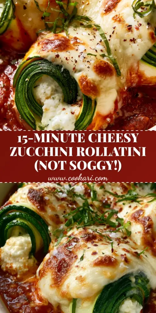 A shallow white baking dish filled with several Zucchini Rollatini spirals, topped with melted, blistered mozzarella and fresh julienned basil.