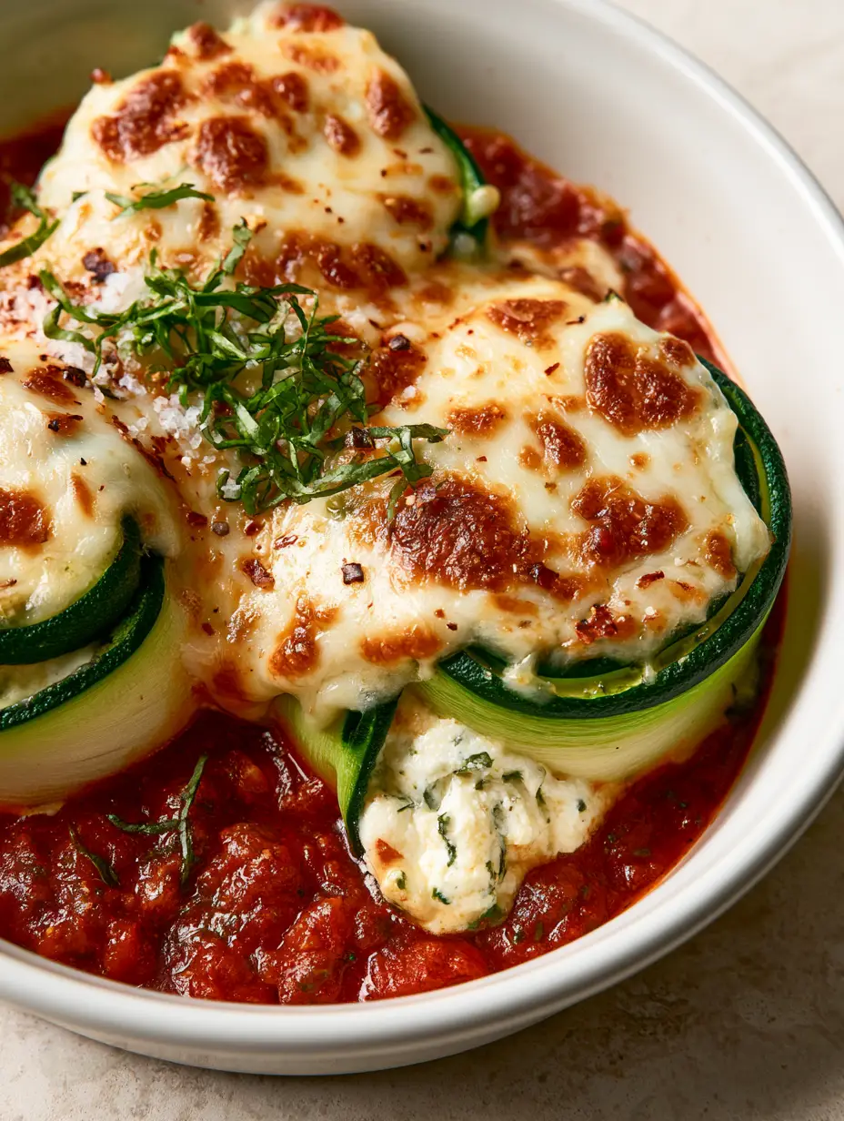 Close-up eye-level shot of Zucchini Rollatini spirals in a white dish with creamy ricotta filling oozing out.
