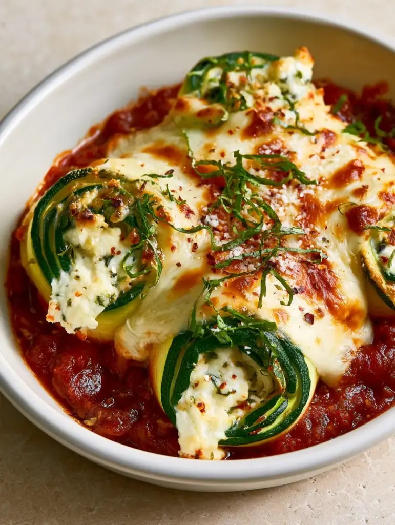 Zucchini Rollatini with bubbling mozzarella and parmesan cheese showing distinct golden-brown toasted spots.