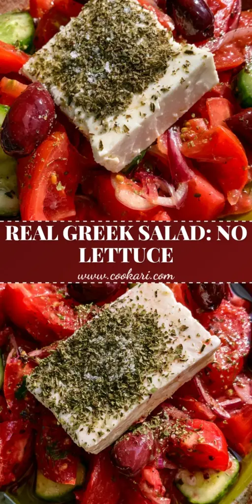 Greek salad recipe card: The Ultimate Authentic Horiatiki Guide 3 A rustic Greek salad recipe card showing a weathered terracotta bowl filled with thick-cut tomatoes, cucumbers, and a large block of feta.