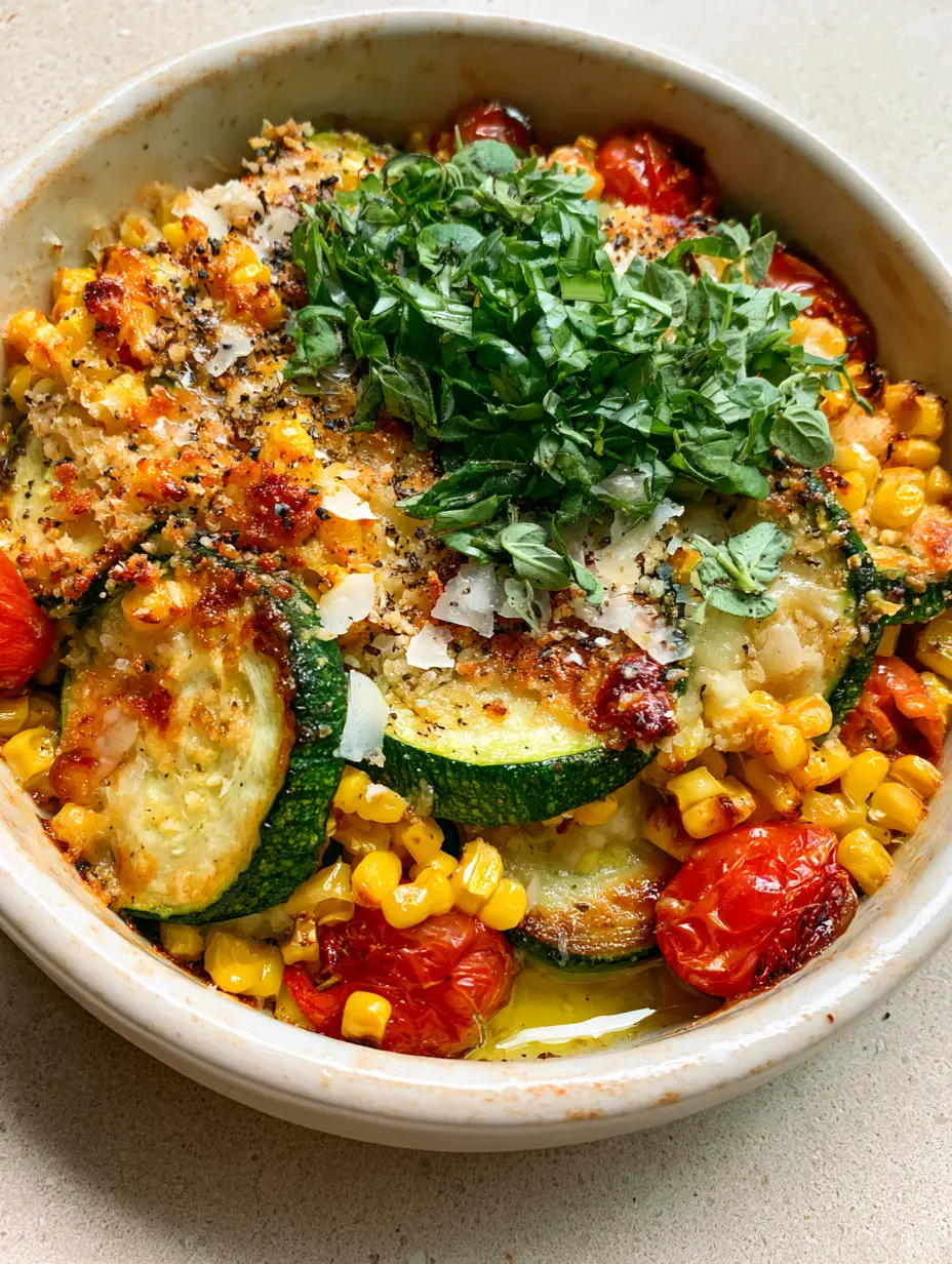 Close-up of seared zucchini rounds and charred sweet corn in a Zucchini Corn Tomato Bake with glistening olive oil.