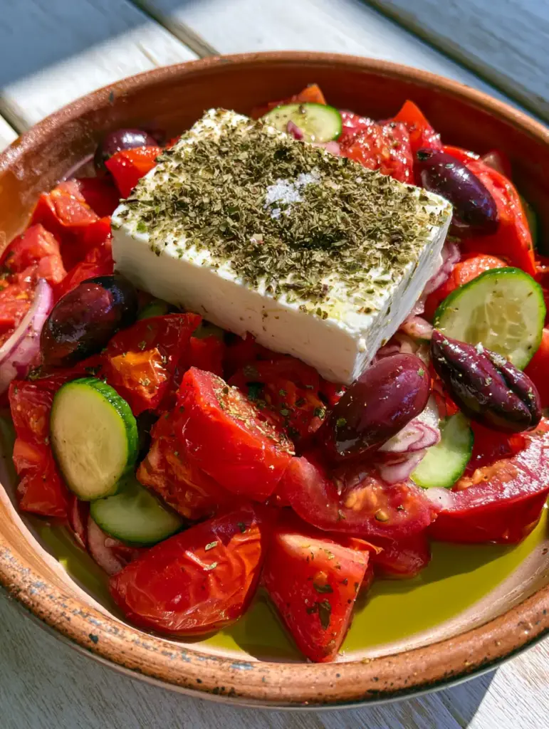 Greek salad recipe card: The Ultimate Authentic Horiatiki Guide 2 Top-down view of an authentic Horiatiki salad with a large feta block and glistening olive oil drizzle. (Greek salad recipe card)