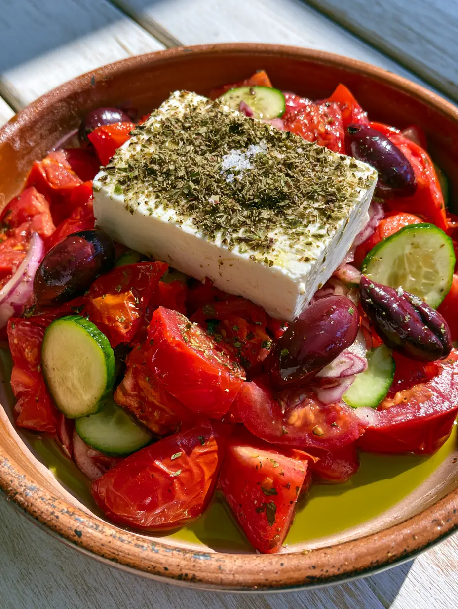 Greek salad recipe card: The Ultimate Authentic Horiatiki Guide 4 Top-down view of an authentic Horiatiki salad with a large feta block and glistening olive oil drizzle. (Greek salad recipe card)