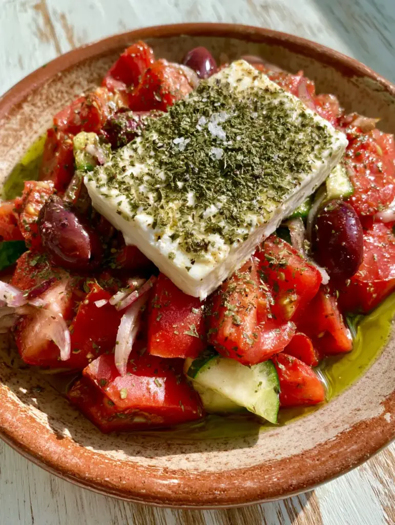 Greek salad recipe card: The Ultimate Authentic Horiatiki Guide 1 Close up of the textures in a Greek salad: dried oregano on feta, glossy olives, and translucent onions.