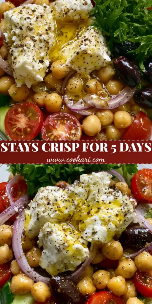 A vibrant Greek Salad with chickpeas, feta chunks, and cucumbers in a glass meal-prep container on a marble countertop.