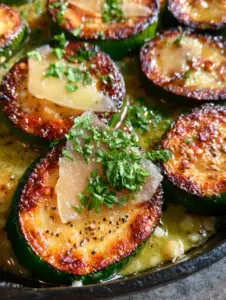 Extreme close-up of thick zucchini rounds in a black cast iron skillet with golden-brown sear marks and melted parmesan. (garlic butter zucchini)