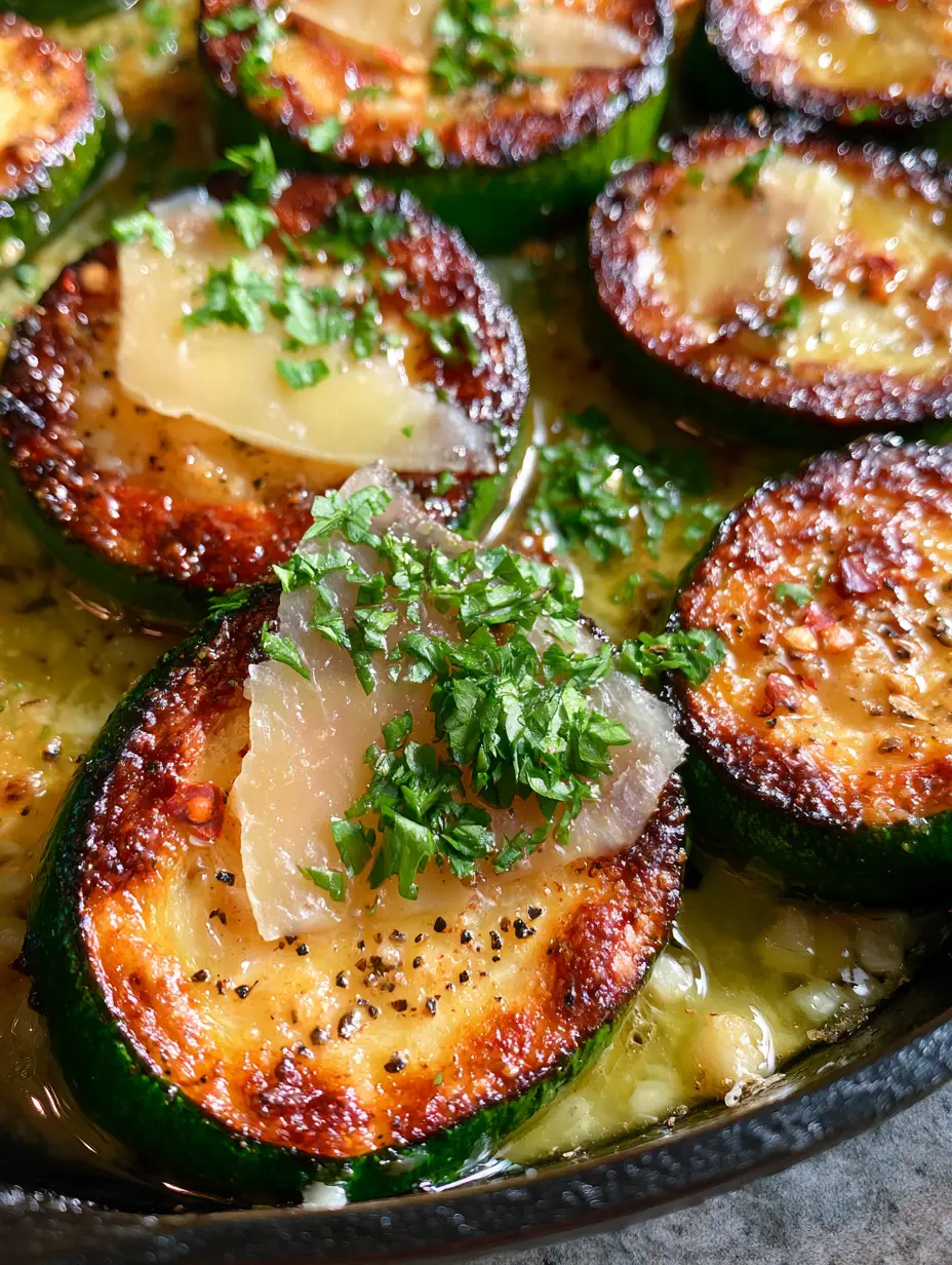 Extreme close-up of thick zucchini rounds in a black cast iron skillet with golden-brown sear marks and melted parmesan. (garlic butter zucchini)