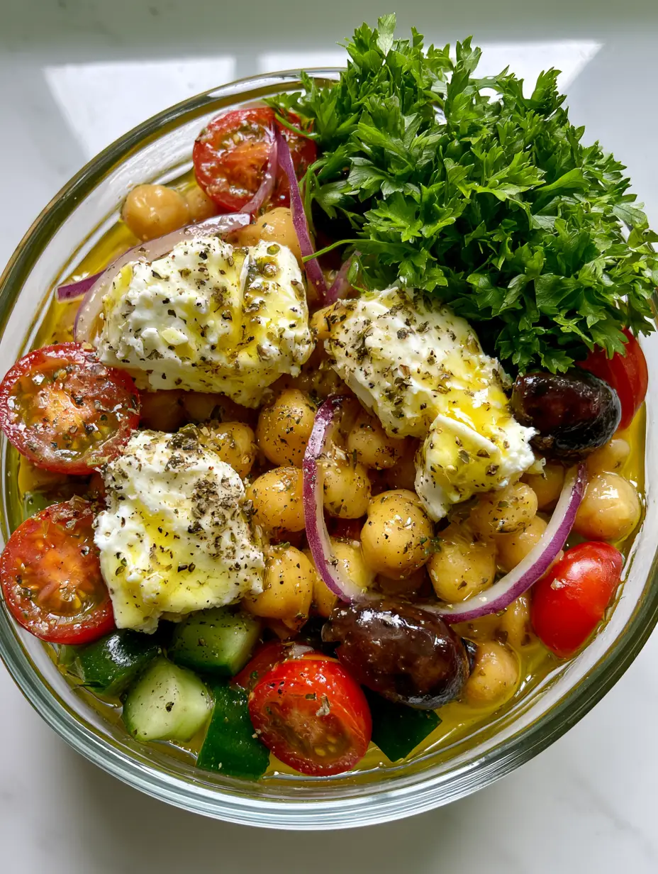 Close up of a Mediterranean Greek Salad showing glistening chickpeas, halved heirloom tomatoes, and chunky feta cheese.
