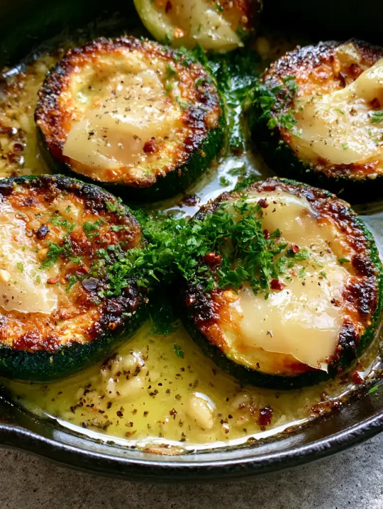 Detailed view of glistening garlic butter pool and softened minced garlic surrounding perfectly seared zucchini rounds.