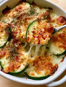 Top-down macro shot of Cheesy Baked Zucchini rounds with melted cheese and red chili flakes.