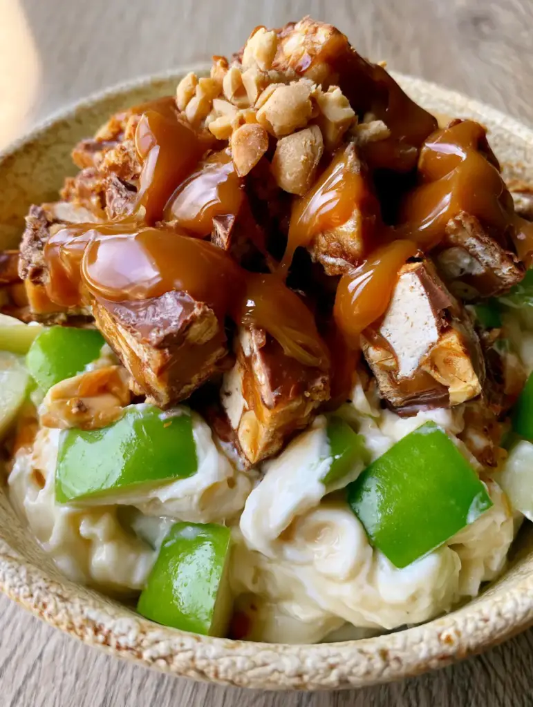 Snickers Caramel Apple Salad with Whipped Cream Cheese and Salted Caramel 1 Artistic amber caramel drizzle over a bowl of Snickers caramel apple salad on a wooden table. (Snickers caramel apple salad)