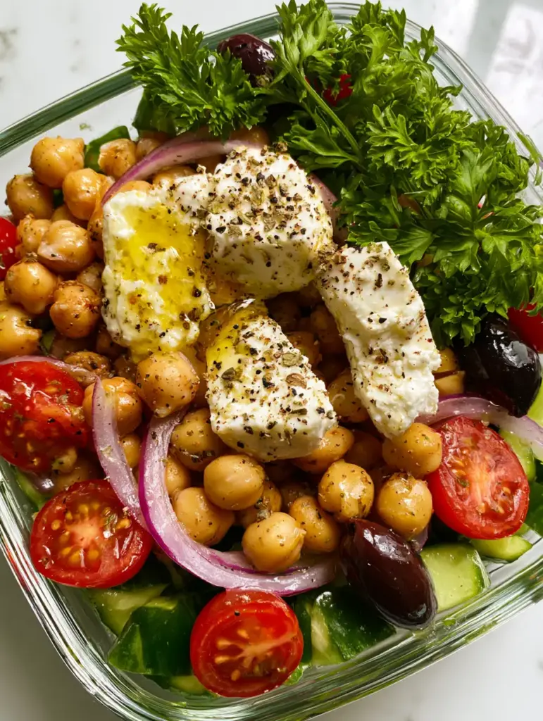 Angled view of a Greek Salad in a glass container with purple red onions, black olives, and fresh flat-leaf parsley garnish.