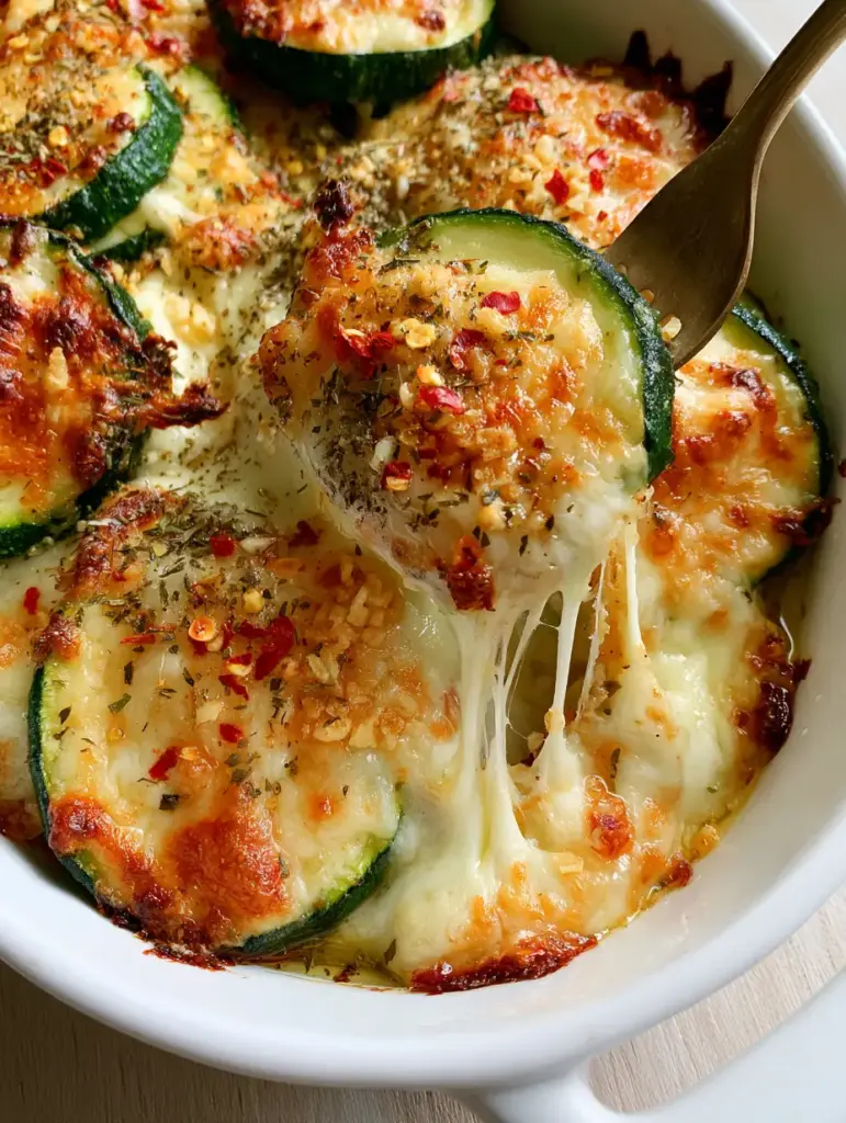 Cheesy Baked Zucchini with Toasted Parmesan and Roasted Garlic 1 A fork lifting a slice of Cheesy Baked Zucchini showing a long, gooey cheese pull.