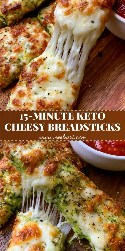 A close-up of cheesy zucchini breadsticks with a long mozzarella cheese pull and a side of marinara sauce.