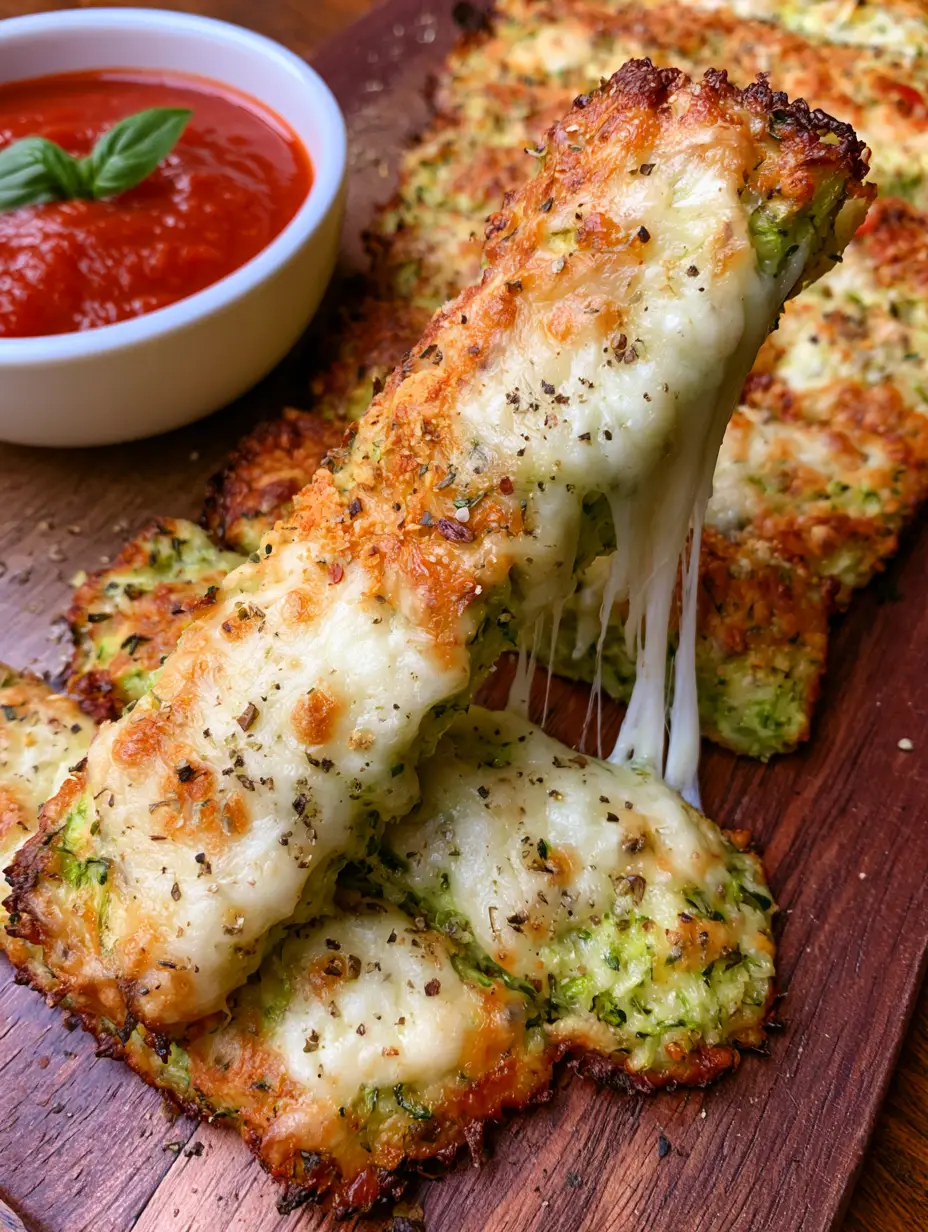 Top-down view of golden-brown cheesy zucchini breadsticks on a rustic wooden board with a mozzarella cheese pull. (cheesy zucchini breadsticks)