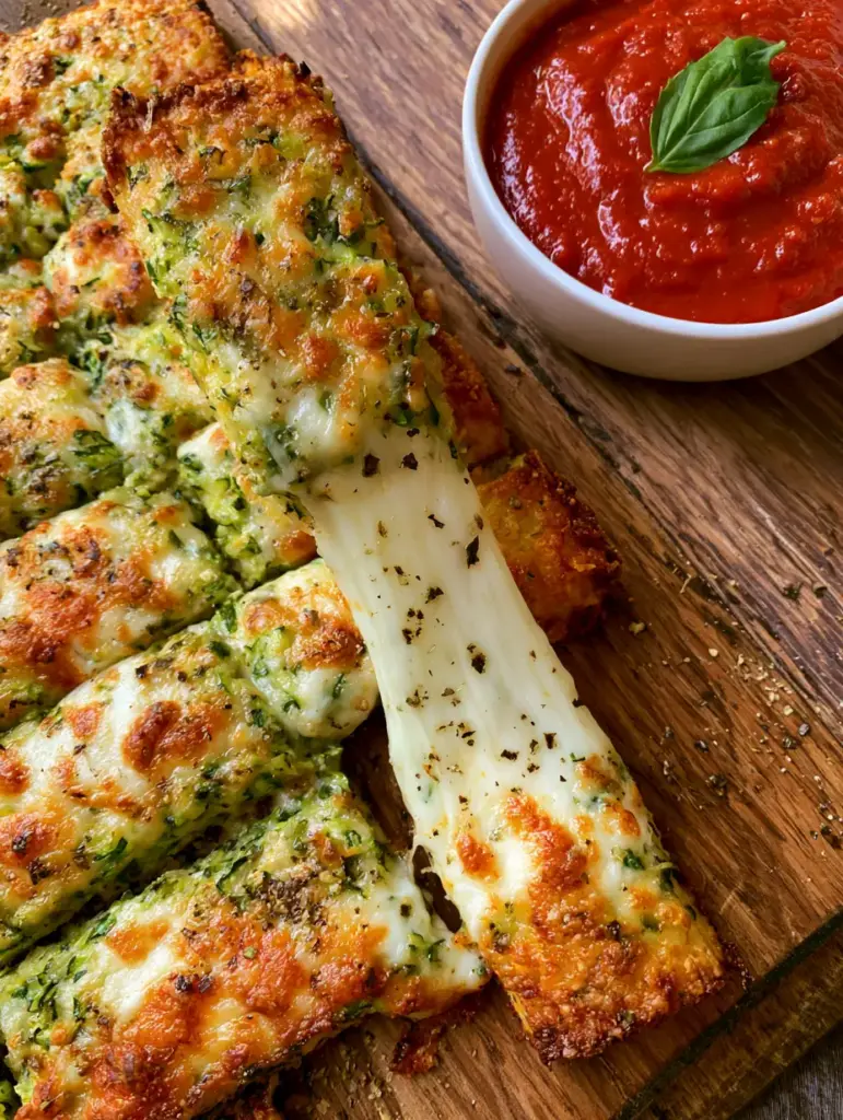 Close-up of crispy zucchini breadsticks with oregano flakes and cracked black pepper.