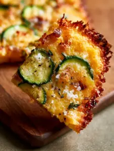 Extreme macro shot of Italian Zucchini Scarpaccia showing golden-brown toasted cornmeal, charred red onion bits, and crystalline sea salt.