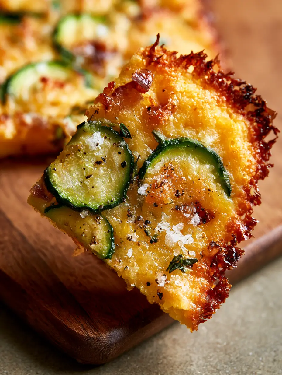 Extreme macro shot of Italian Zucchini Scarpaccia showing golden-brown toasted cornmeal, charred red onion bits, and crystalline sea salt.