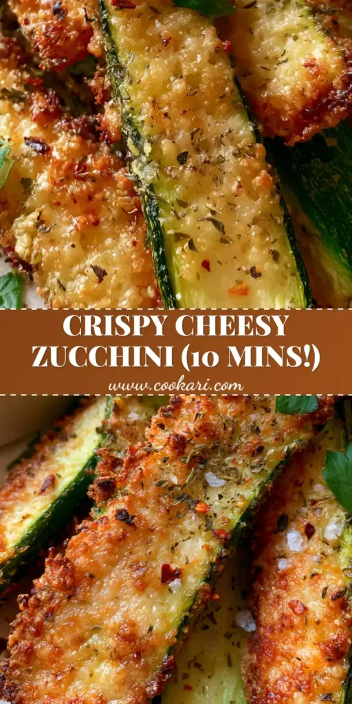 Close up of long roasted zucchini spears with a thick golden-brown bubbly parmesan cheese crust and red pepper flakes. (cheesy baked zucchini recipe)