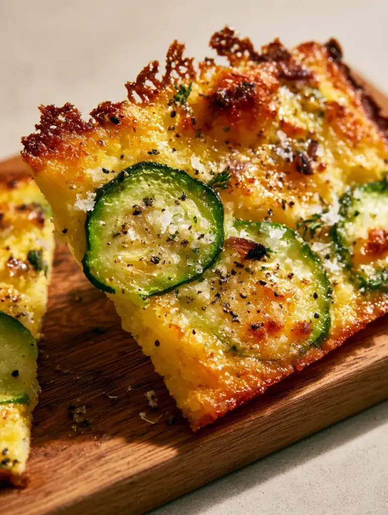 A rigid, thin slice of Italian Zucchini Scarpaccia showing vibrant green zucchini embedded in a shattered, crispy crust.