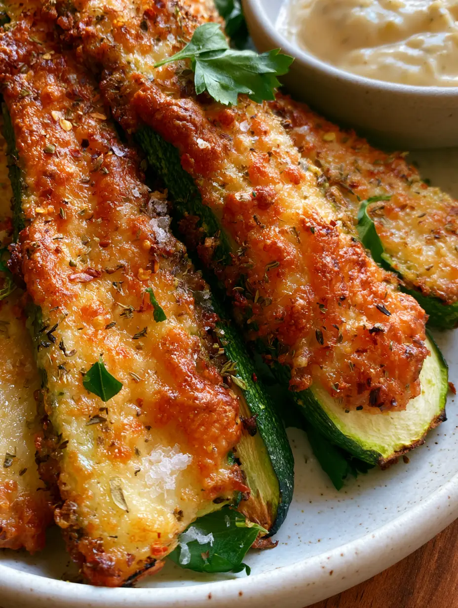 Macro photography of zucchini spears with melted bubbly parmesan and fresh parsley. (cheesy baked zucchini recipe)