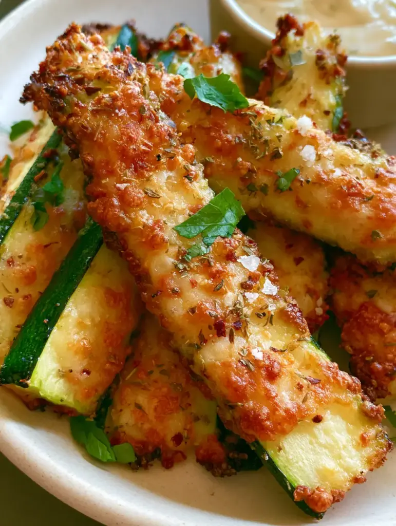 Plated cheesy baked zucchini spears on a matte white ceramic dish with a side of garlic dip bowl.