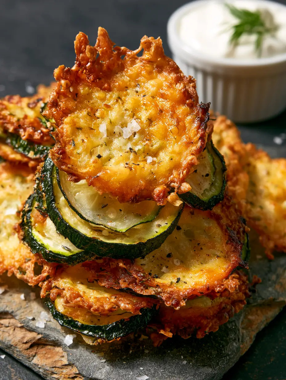 Extreme macro of air fryer zucchini crisps showing the brittle, jagged edges and toasted Parmesan bubbles.
