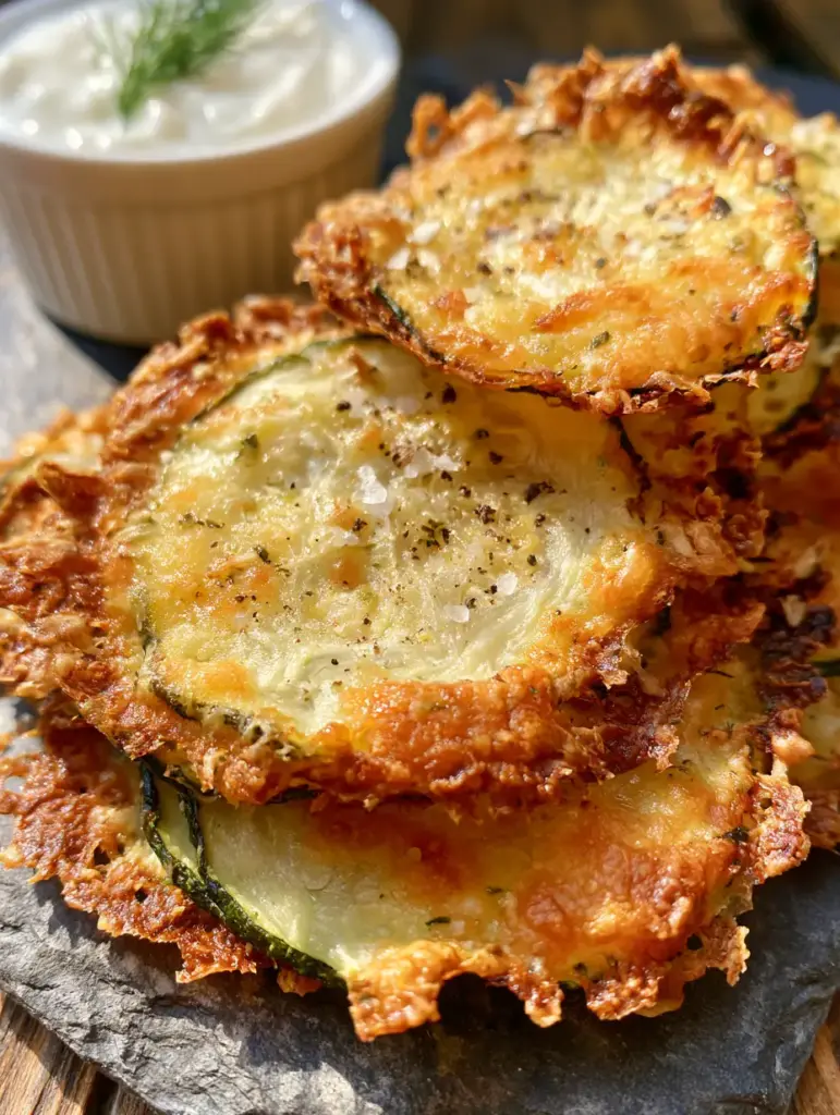 Close up of air fryer zucchini crisps with flaky sea salt and cracked black pepper.